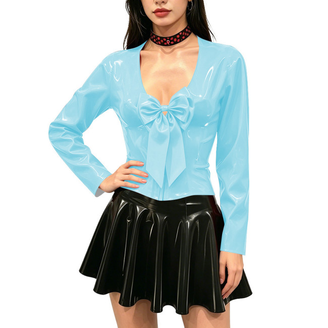 Women's Shiny PVC Long Sleeve Blouse Deep V Neck Big Bow Slim Fit Top Wet Look Faux Leather Shirt for Clubwear Party Outfits