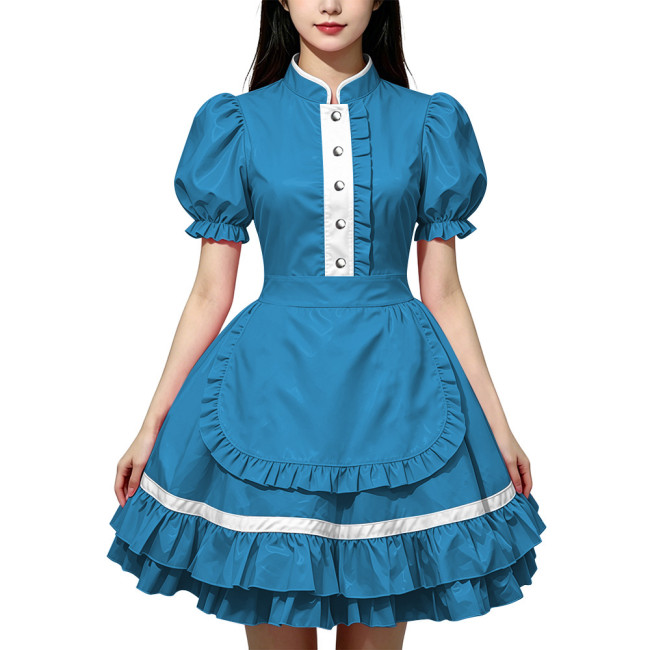 Party Lolita French Maid Dress Outfits Glossy PVC Leather Puff Sleeve Fancy Maid Uniforms Sweet Latex-look Cosplay Maid Dresses