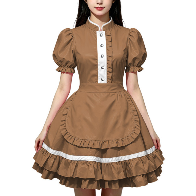 Party Lolita French Maid Dress Outfits Glossy PVC Leather Puff Sleeve Fancy Maid Uniforms Sweet Latex-look Cosplay Maid Dresses