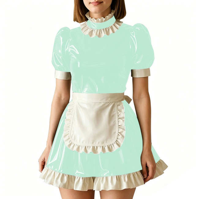 Vinyl PVC Leather Servant Maid Uniforms Sissy Party Cosplay Anime Costume High Neck Glossy Pleated Mini Maid Dress with Apron