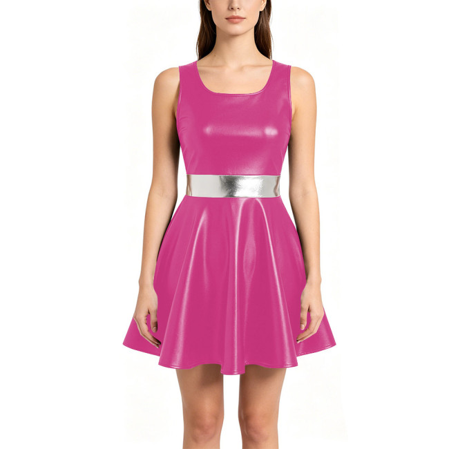 Womens Metallic A-line Mini Dress Shiny Nightclub Sundress Halloween Party Cosplay Costume Round Neck Sleeveless Dance Dress