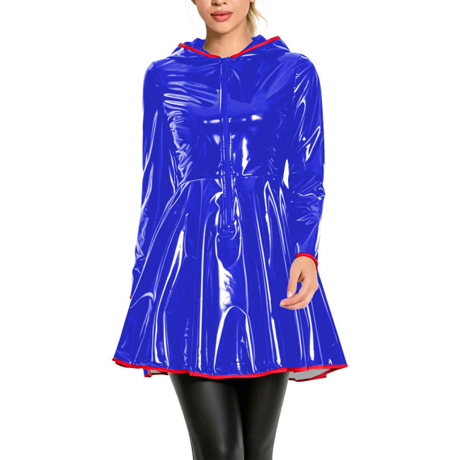 Club Fashion Shiny Vinyl Hooded Mini Dress Womens Long Sleeve Zip Front Flare Dress with Red Piping Glossy PVC Leather Dresses