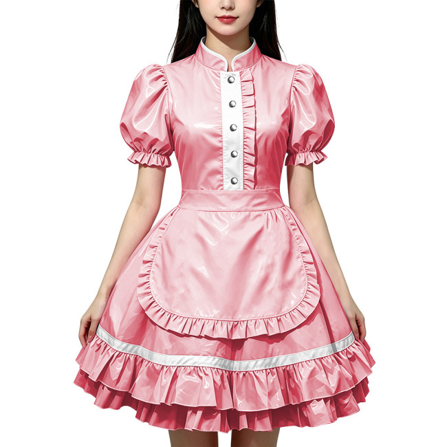 Party Lolita French Maid Dress Outfits Glossy PVC Leather Puff Sleeve Fancy Maid Uniforms Sweet Latex-look Cosplay Maid Dresses