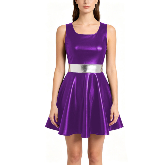 Womens Metallic A-line Mini Dress Shiny Nightclub Sundress Halloween Party Cosplay Costume Round Neck Sleeveless Dance Dress