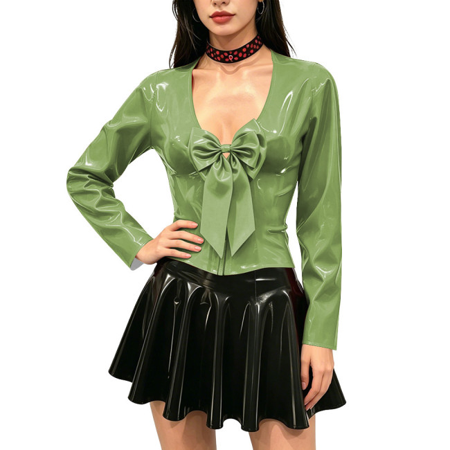 Women's Shiny PVC Long Sleeve Blouse Deep V Neck Big Bow Slim Fit Top Wet Look Faux Leather Shirt for Clubwear Party Outfits