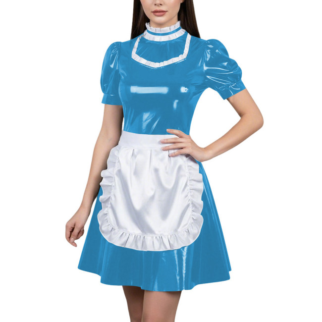 Womens Glossy Cospaly Maid Costume Sissy Puff Sleeve High Neck A-Line Dress with Apron Carnival Role Play Halloween Party Outfit