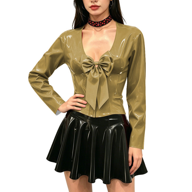 Women's Shiny PVC Long Sleeve Blouse Deep V Neck Big Bow Slim Fit Top Wet Look Faux Leather Shirt for Clubwear Party Outfits