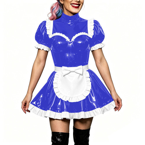 Fetish Sexy Wet Look High Neck Mini Maid Dress with White Apron Halloween Role Play Party Maid Uniforms Sissy Cosplay Outfits