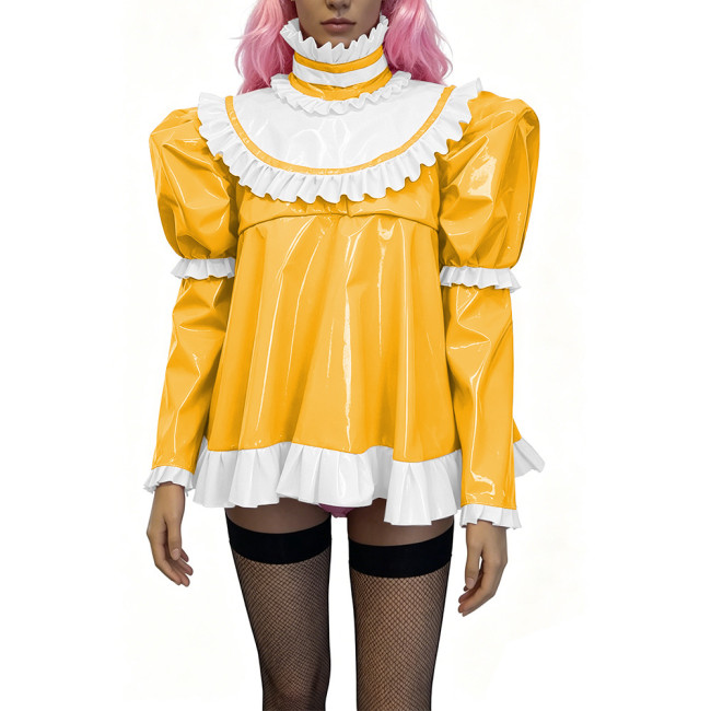 Glossy PVC Lolita Ruffle Blouse Womens Mens High Neck Puff Long Sleeve Shiny Top Sexy Mini Dress Halloween Cosplay Party Outfits