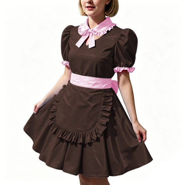 Women's Shiny PVC Maid Uniforms Sweet Collar Apron Short Puff Sleeve Maid Dress for Carnival Cosplay Outfits Fancy Dress Party