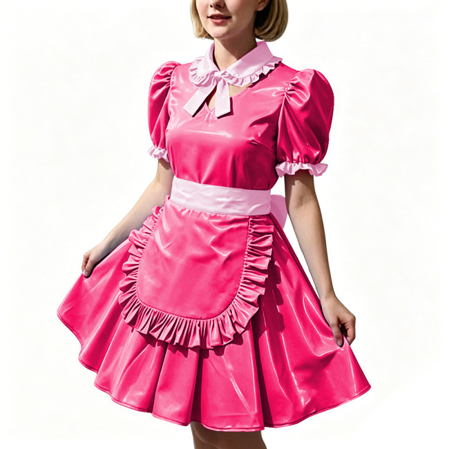 Women's Shiny PVC Maid Uniforms Sweet Collar Apron Short Puff Sleeve Maid Dress for Carnival Cosplay Outfits Fancy Dress Party