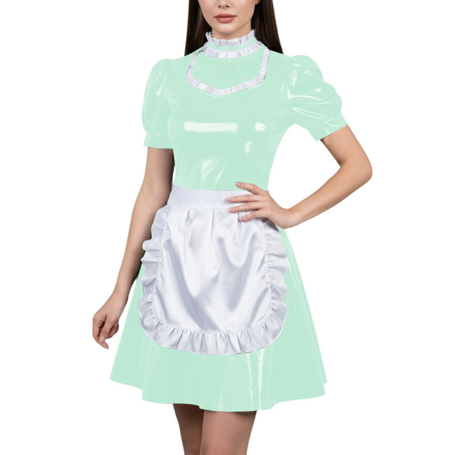 Womens Glossy Cospaly Maid Costume Sissy Puff Sleeve High Neck A-Line Dress with Apron Carnival Role Play Halloween Party Outfit