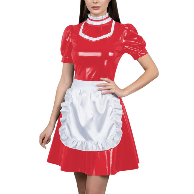 Womens Glossy Cospaly Maid Costume Sissy Puff Sleeve High Neck A-Line Dress with Apron Carnival Role Play Halloween Party Outfit