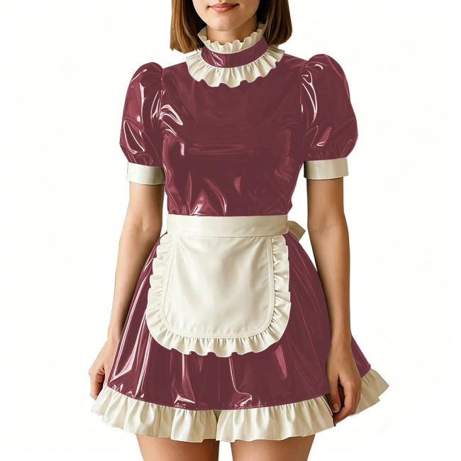 Vinyl PVC Leather Servant Maid Uniforms Sissy Party Cosplay Anime Costume High Neck Glossy Pleated Mini Maid Dress with Apron