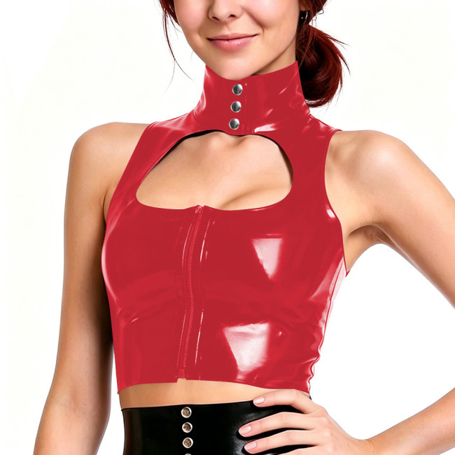 Solid Color PVC High Neck Crop Top for Womens Sleeveless Cutout Front Zipper Glossy Tank Top Nightclub Party Cosplay Costume