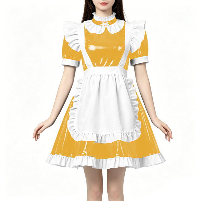 High Neck Ruffled PVC Maid Outfit French Short Puff Sleeve A-Line Dress with White Apron Halloween Party Role Play Maid Uniforms