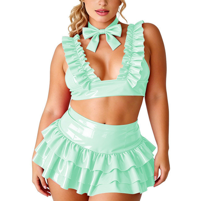 Plus Size Womens Shiny PVC 3-Piece Outfit Deep V Ruffle Top High Waist Layered Skirt with Bow Choker for Halloween and Clubwear