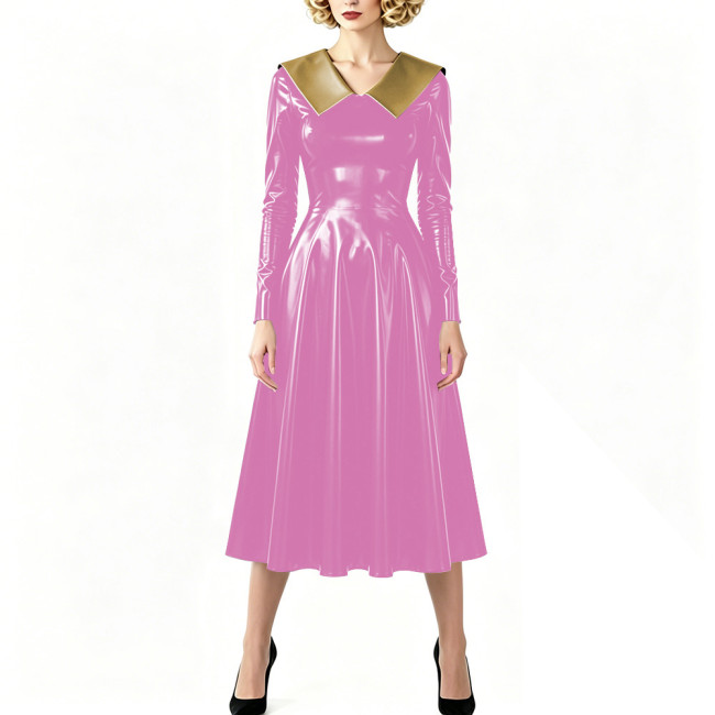 Vintage Shiny PVC Dress Glossy Pointed Collar Long Sleeve A-Line Midi Dress Women's Retro Style Flared Dress Sissy Party Outfits