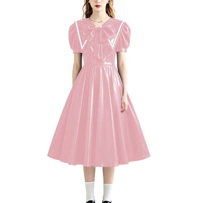 Retro Style Shiny PU Leather Sailor Dress Big Bow Collar Short Puff Sleeve A-line Midi Dress Plus Size Role Play Party Outfit