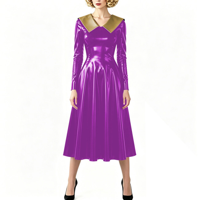 Vintage Shiny PVC Dress Glossy Pointed Collar Long Sleeve A-Line Midi Dress Women's Retro Style Flared Dress Sissy Party Outfits