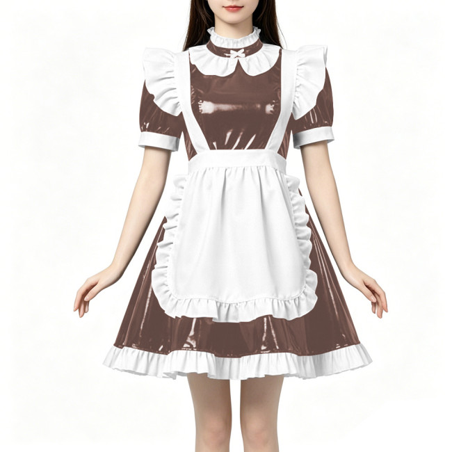 High Neck Ruffled PVC Maid Outfit French Short Puff Sleeve A-Line Dress with White Apron Halloween Party Role Play Maid Uniforms