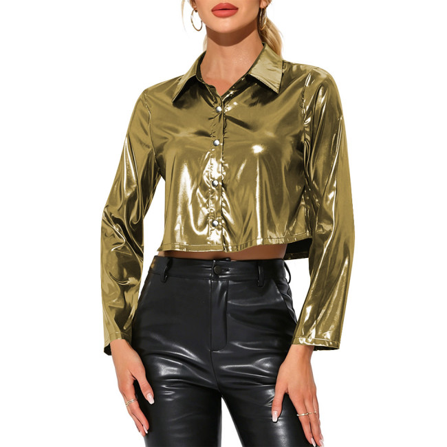 Wetlook Metallic Shiny Sexy Cropped Shirt Button Down Blouse Lapel Night Out Crop Top Rave Party Streetwear Y2K Cosplay Outfits
