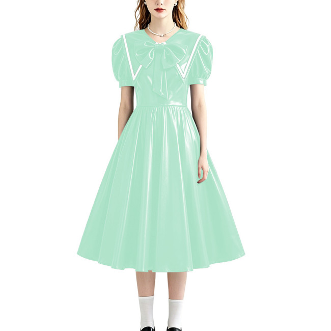 Retro Style Shiny PU Leather Sailor Dress Big Bow Collar Short Puff Sleeve A-line Midi Dress Plus Size Role Play Party Outfit