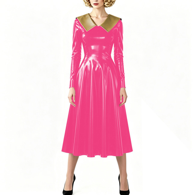 Vintage Shiny PVC Dress Glossy Pointed Collar Long Sleeve A-Line Midi Dress Women's Retro Style Flared Dress Sissy Party Outfits