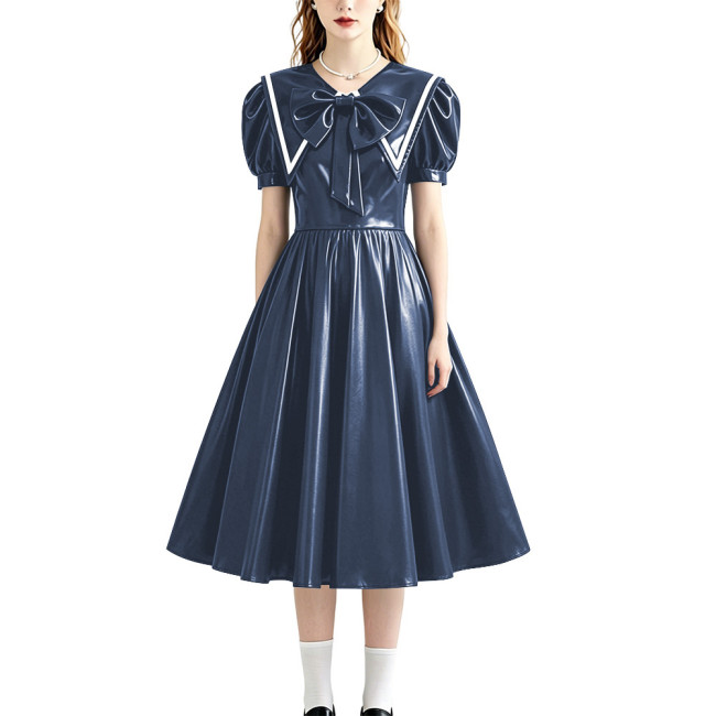 Retro Style Shiny PU Leather Sailor Dress Big Bow Collar Short Puff Sleeve A-line Midi Dress Plus Size Role Play Party Outfit
