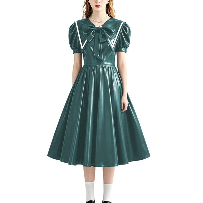 Retro Style Shiny PU Leather Sailor Dress Big Bow Collar Short Puff Sleeve A-line Midi Dress Plus Size Role Play Party Outfit