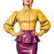 Glossy PVC Womens Blouse Faux Latex Style Puff Long Sleeve Button Down Collared Shirt Nightclub Slim Fit Top for Party Clubwear