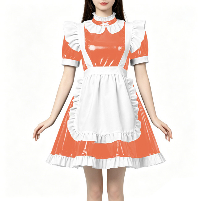 High Neck Ruffled PVC Maid Outfit French Short Puff Sleeve A-Line Dress with White Apron Halloween Party Role Play Maid Uniforms