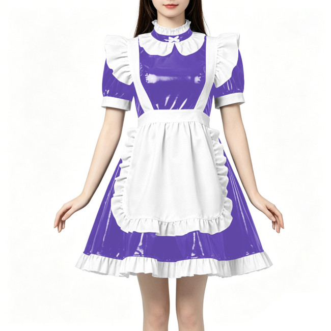High Neck Ruffled PVC Maid Outfit French Short Puff Sleeve A-Line Dress with White Apron Halloween Party Role Play Maid Uniforms