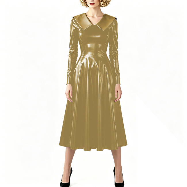 Vintage Shiny PVC Dress Glossy Pointed Collar Long Sleeve A-Line Midi Dress Women's Retro Style Flared Dress Sissy Party Outfits