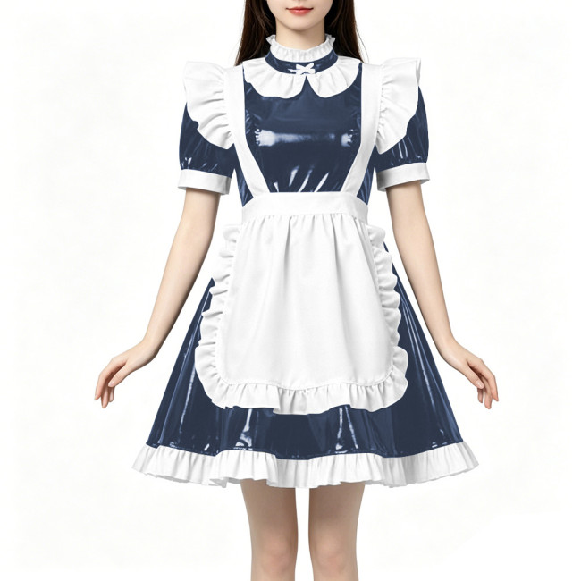 High Neck Ruffled PVC Maid Outfit French Short Puff Sleeve A-Line Dress with White Apron Halloween Party Role Play Maid Uniforms