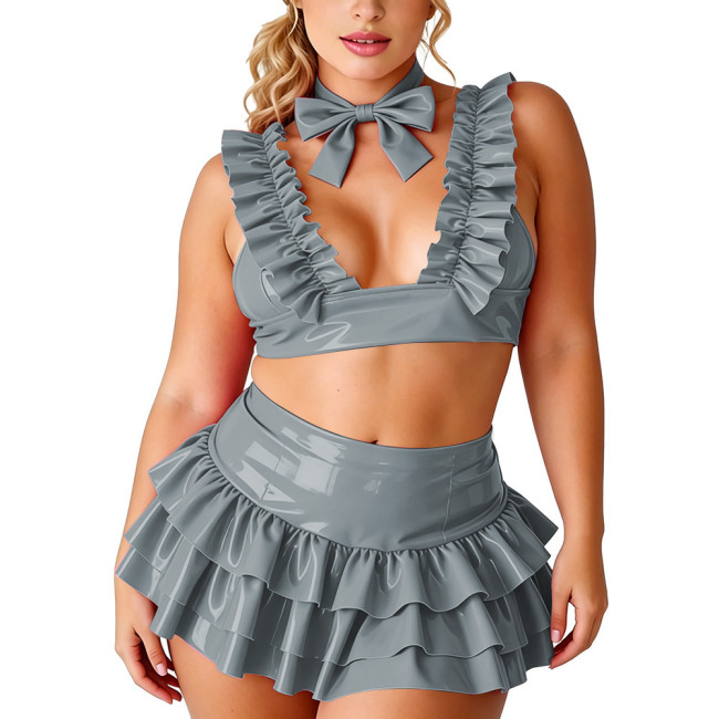 Plus Size Womens Shiny PVC 3-Piece Outfit Deep V Ruffle Top High Waist Layered Skirt with Bow Choker for Halloween and Clubwear