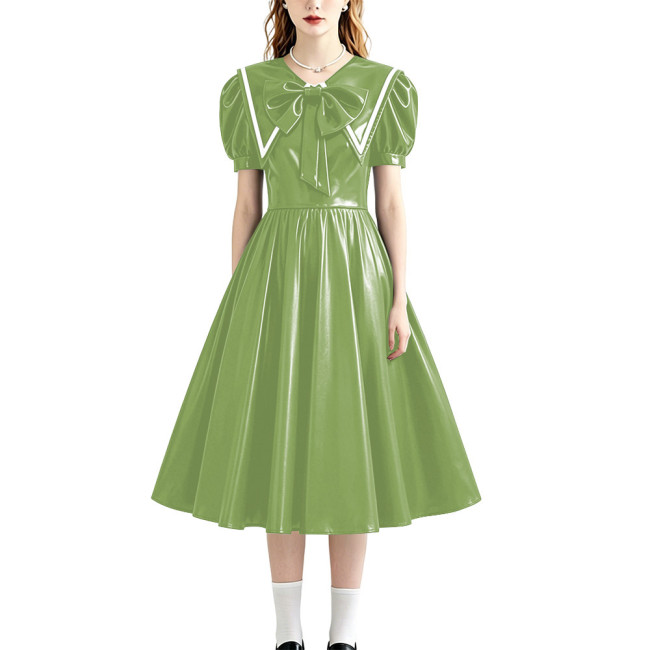 Retro Style Shiny PU Leather Sailor Dress Big Bow Collar Short Puff Sleeve A-line Midi Dress Plus Size Role Play Party Outfit