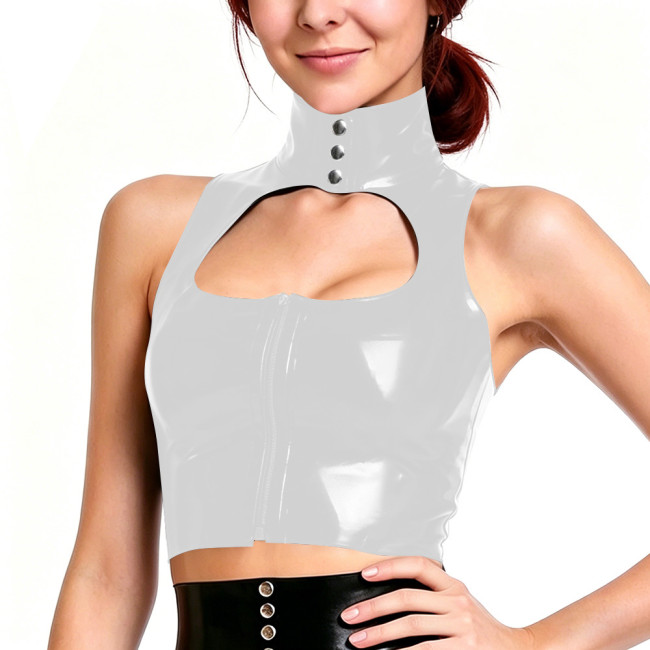 Solid Color PVC High Neck Crop Top for Womens Sleeveless Cutout Front Zipper Glossy Tank Top Nightclub Party Cosplay Costume