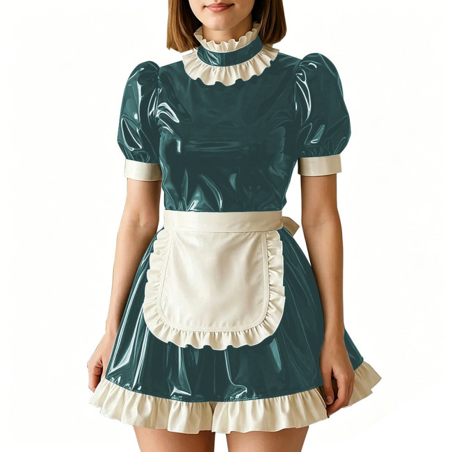 Vinyl PVC Leather Servant Maid Uniforms Sissy Party Cosplay Anime Costume High Neck Glossy Pleated Mini Maid Dress with Apron