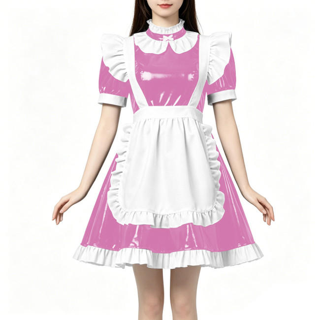 High Neck Ruffled PVC Maid Outfit French Short Puff Sleeve A-Line Dress with White Apron Halloween Party Role Play Maid Uniforms