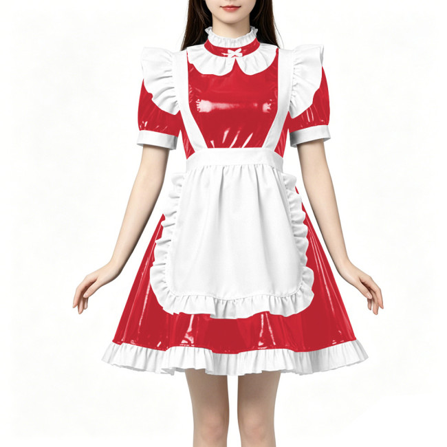 High Neck Ruffled PVC Maid Outfit French Short Puff Sleeve A-Line Dress with White Apron Halloween Party Role Play Maid Uniforms