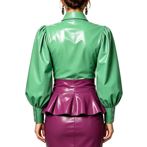 Glossy PVC Womens Blouse Faux Latex Style Puff Long Sleeve Button Down Collared Shirt Nightclub Slim Fit Top for Party Clubwear