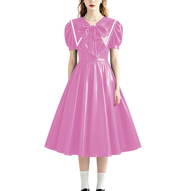 Retro Style Shiny PU Leather Sailor Dress Big Bow Collar Short Puff Sleeve A-line Midi Dress Plus Size Role Play Party Outfit