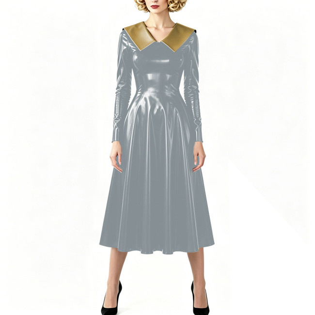 Vintage Shiny PVC Dress Glossy Pointed Collar Long Sleeve A-Line Midi Dress Women's Retro Style Flared Dress Sissy Party Outfits