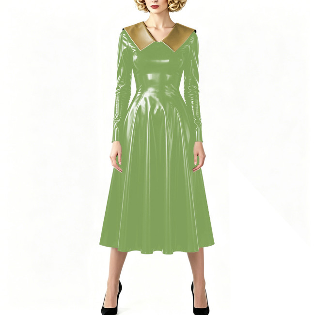 Vintage Shiny PVC Dress Glossy Pointed Collar Long Sleeve A-Line Midi Dress Women's Retro Style Flared Dress Sissy Party Outfits
