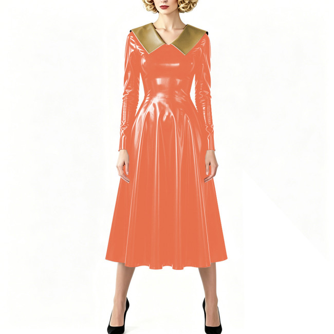 Vintage Shiny PVC Dress Glossy Pointed Collar Long Sleeve A-Line Midi Dress Women's Retro Style Flared Dress Sissy Party Outfits