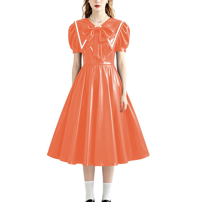 Retro Style Shiny PU Leather Sailor Dress Big Bow Collar Short Puff Sleeve A-line Midi Dress Plus Size Role Play Party Outfit