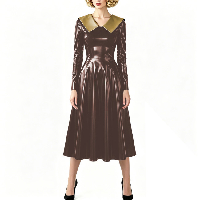 Vintage Shiny PVC Dress Glossy Pointed Collar Long Sleeve A-Line Midi Dress Women's Retro Style Flared Dress Sissy Party Outfits