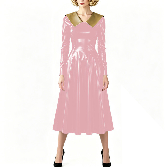 Vintage Shiny PVC Dress Glossy Pointed Collar Long Sleeve A-Line Midi Dress Women's Retro Style Flared Dress Sissy Party Outfits