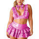 Plus Size Womens Shiny PVC 3-Piece Outfit Deep V Ruffle Top High Waist Layered Skirt with Bow Choker for Halloween and Clubwear